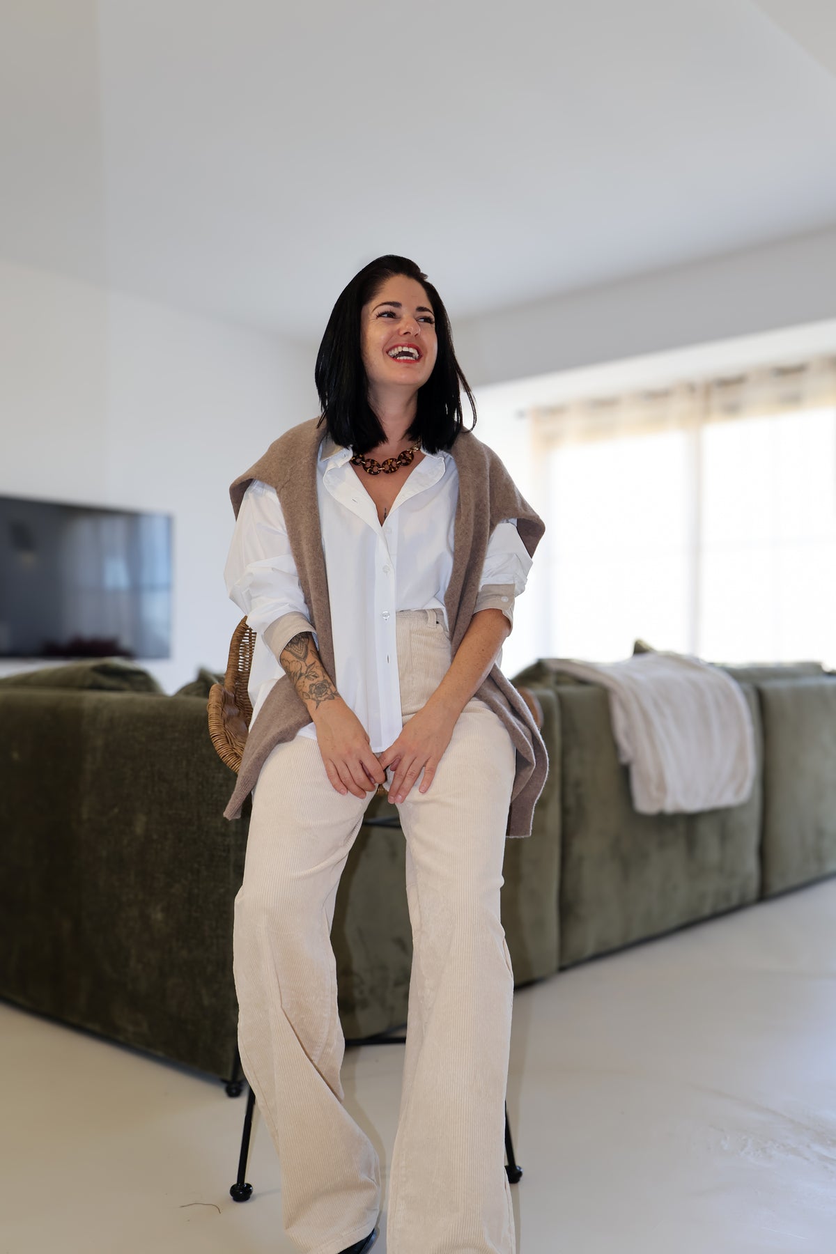 PANTALON EN VELOURS CREME